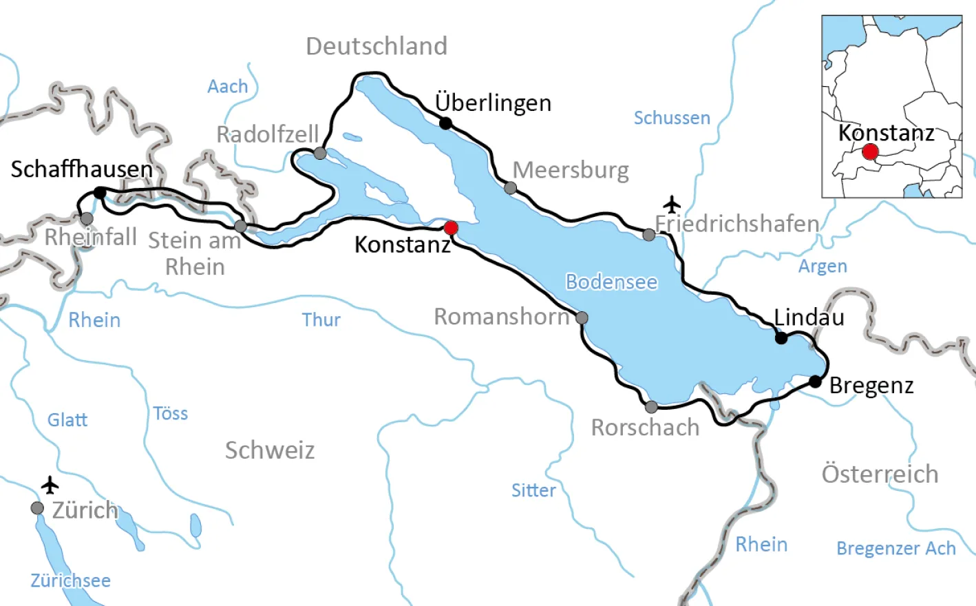 Carte du tour sportif à vélo autour du lac de Constance