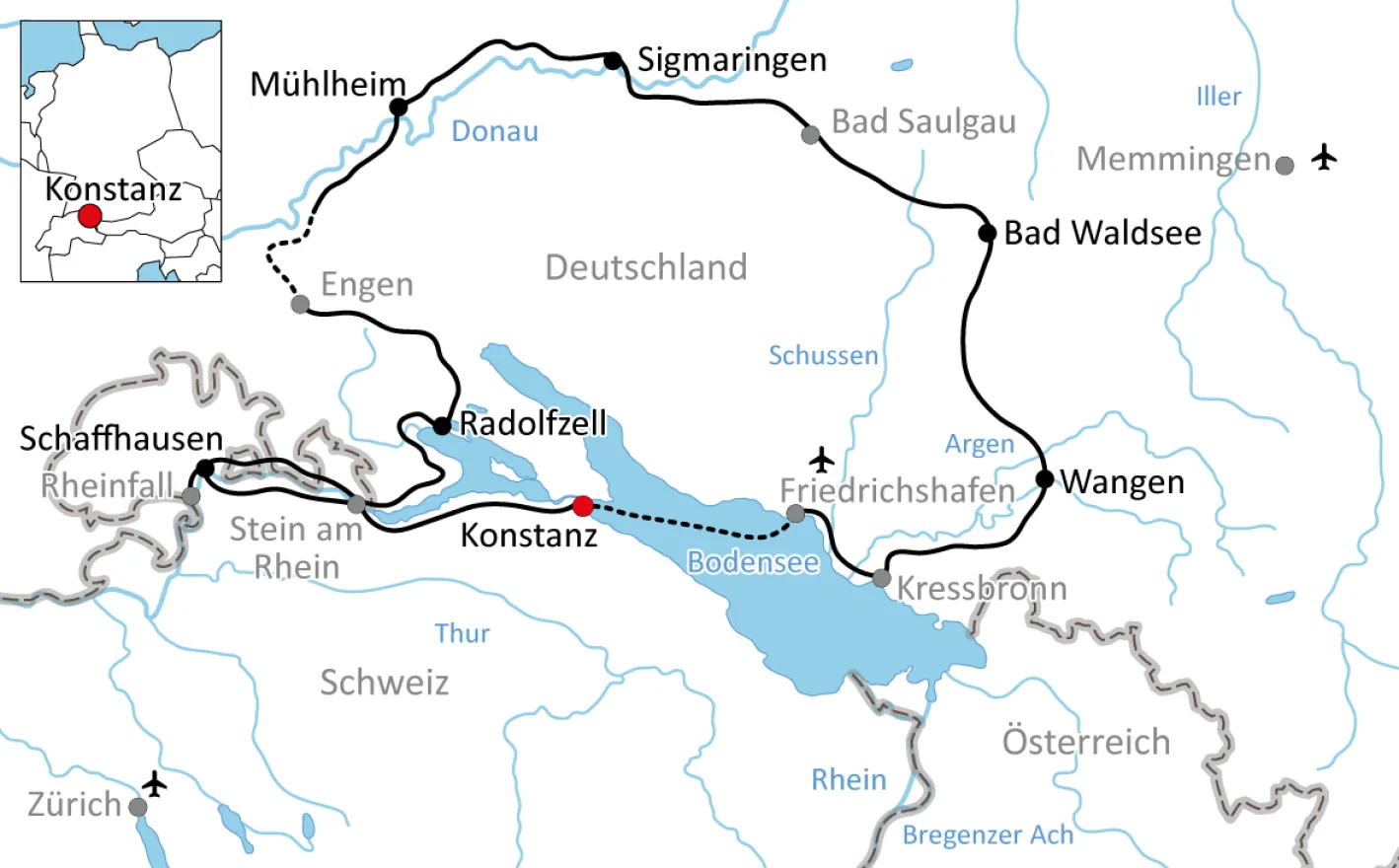 Carte: Tour du lac de Constance au Danube et de la Bavière à vélo