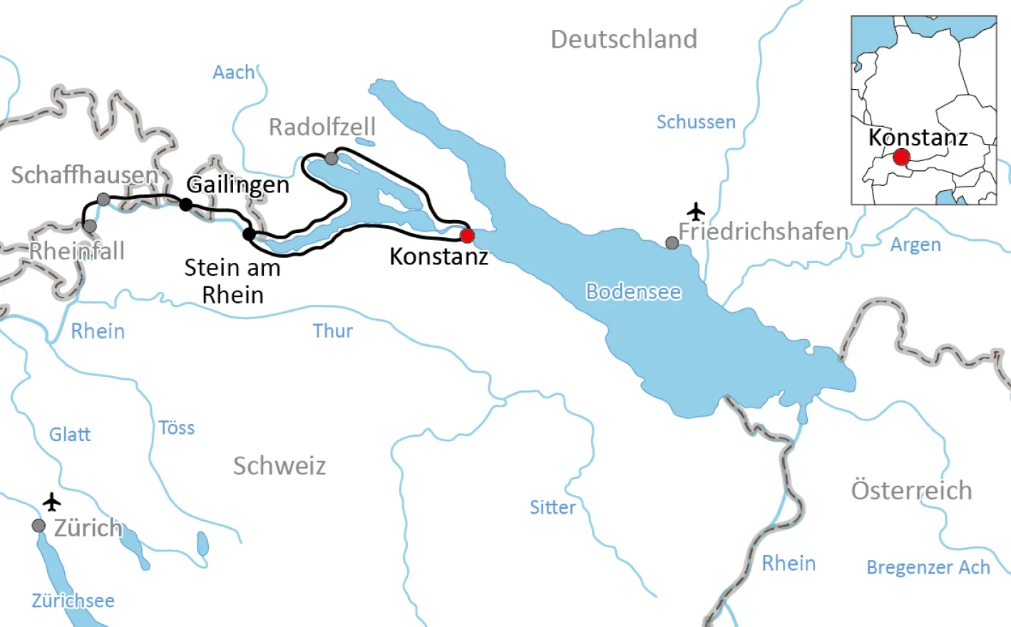 Carte du Tour à vélo au bord du lac inférieur et aux chutes du Rhin